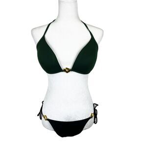 Victoria's Secret 2 Piece Bikini Women Medium Tie Waist Gold Clasp Halter Swim